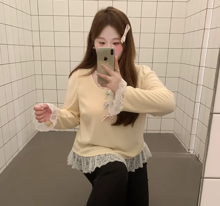 حجم كبير كم طويل الحلو الدانتيل الربط طاقم الرقبة محبوك سترة ربيع الخريف موضة تنوعا الحد من العمر سترة صفراء #4