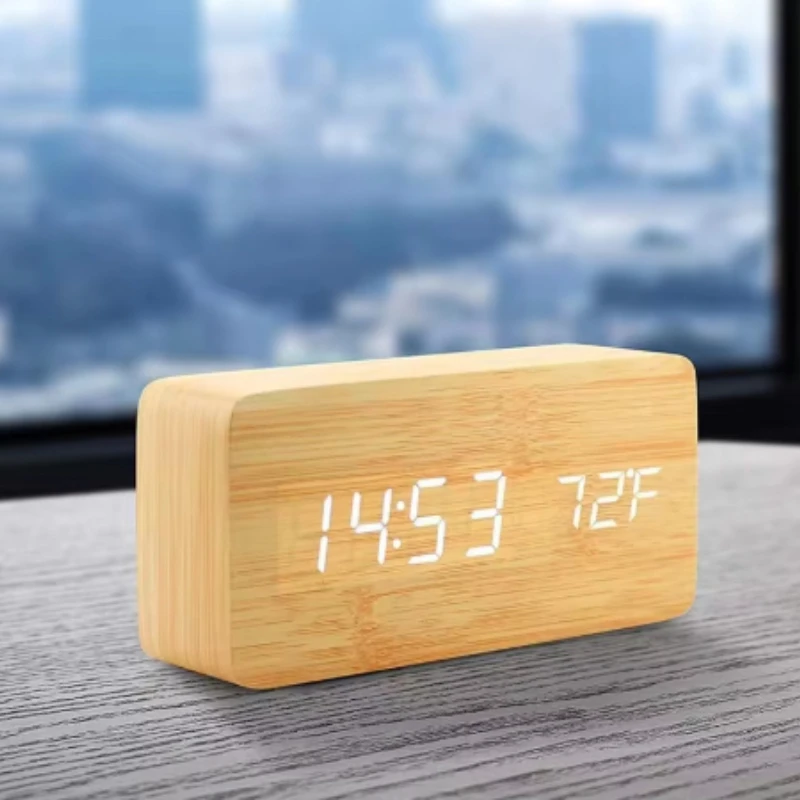 Multicolor Sound Control Wooden LED Alarm Clock Square Digital Thermometer USB/AAA Powered Desktop Table with Date Display