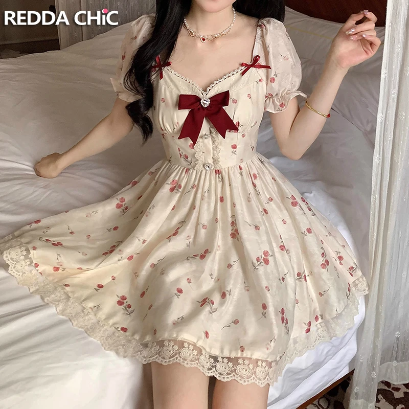 REDDACHiC Coquette Lace Trim Bowknot Mini Dress Women Sweetheart Puff Sleeves Ruffle Floral Princess Lolita OP Summer Clothes