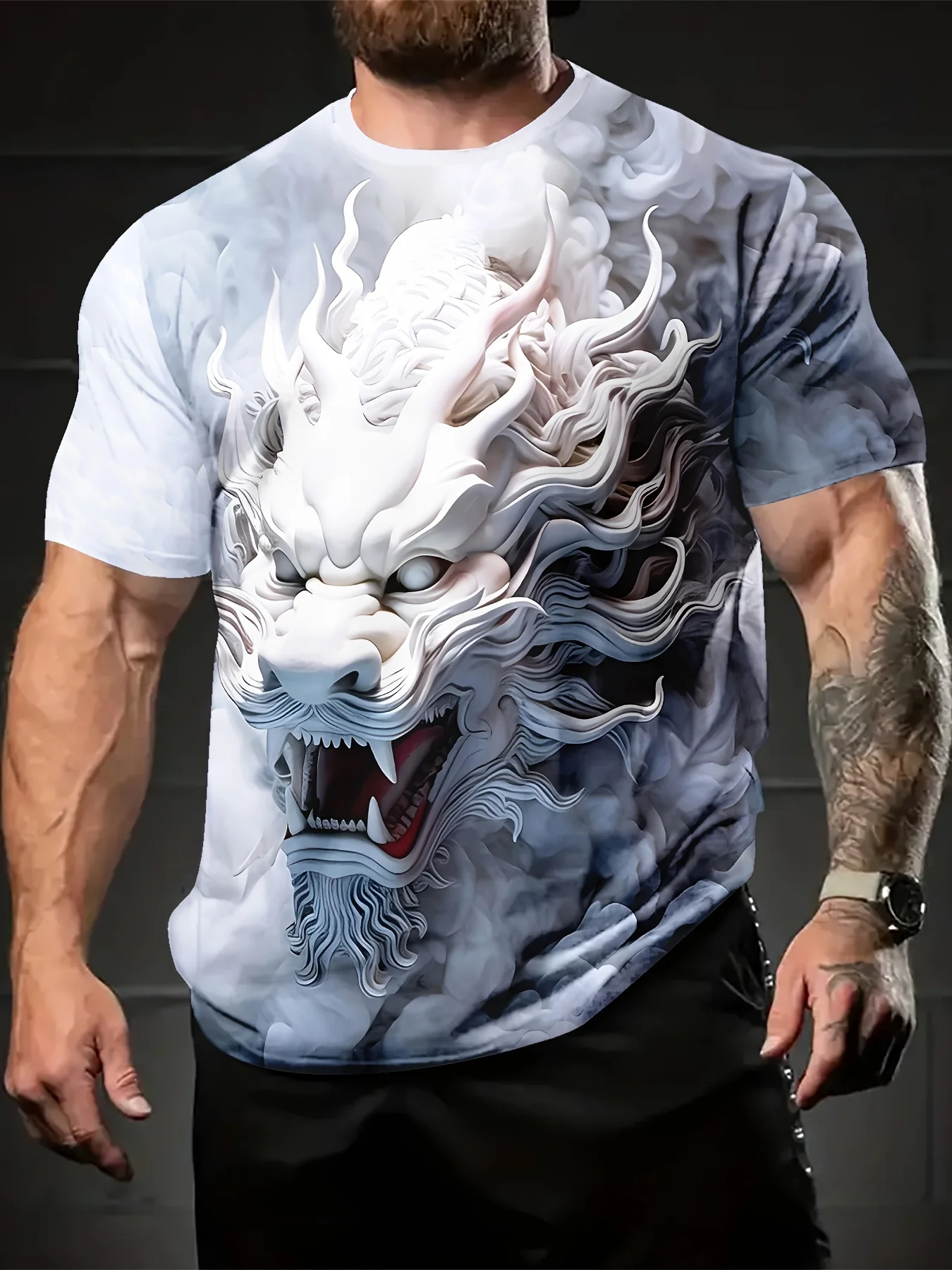 Men's Dragon Print T-shirt Casual Short Sleeve Crew Neck Tee Men's Clothing Casual Loose Outdoor Comfort Clothing T-Shirts Tops