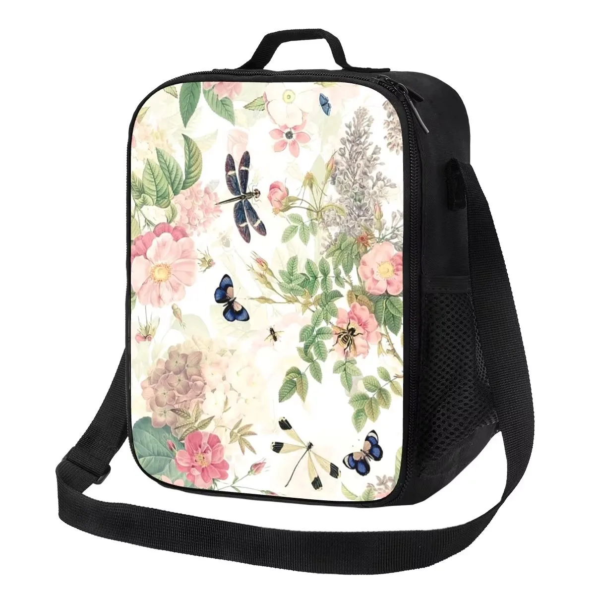 Vintage Roses Spring Flower And Early Insects Botanical Insulated Lunch Bag Food Boxes Portable Container Lunch Box Tote