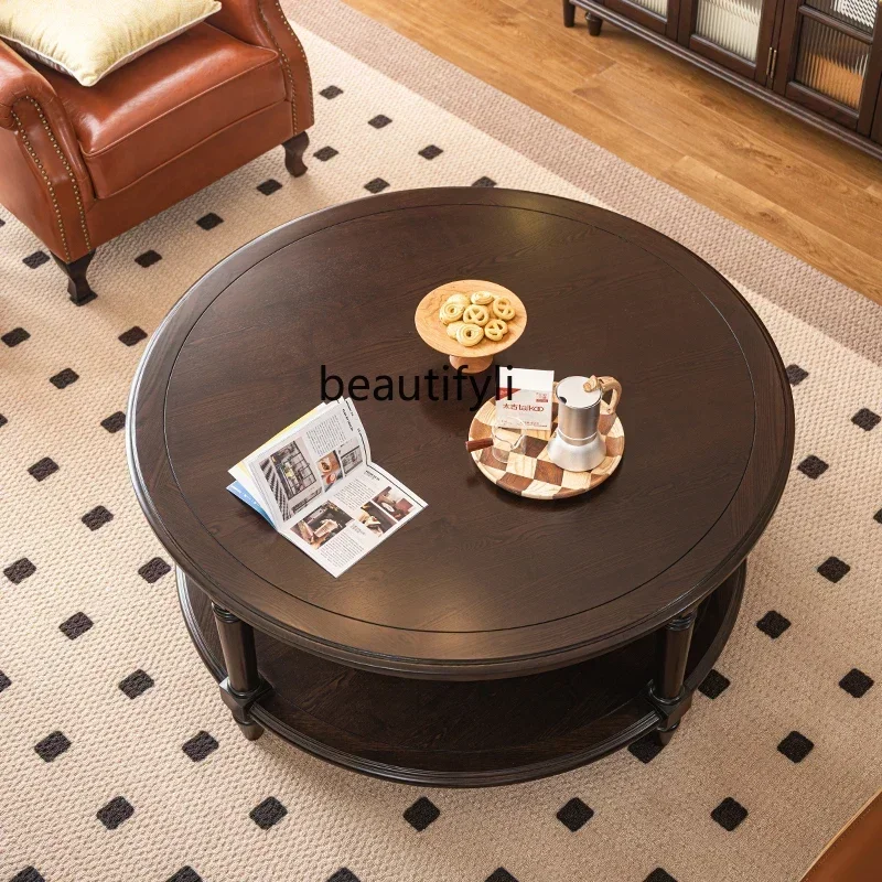 

yh American solid wood round coffee table French retro round living room small apartment