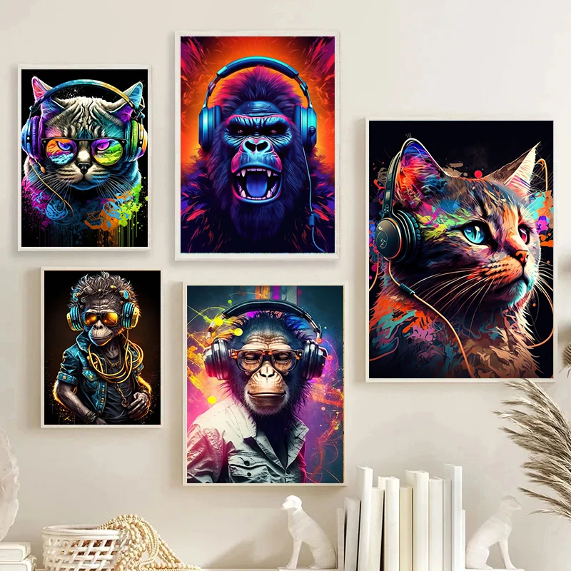 Orangutan Cat Dog Wearing Headphones Colorful Animal Pictures DJ Music Poster Graffiti Canvas Painting Wall Art Home Room Decor