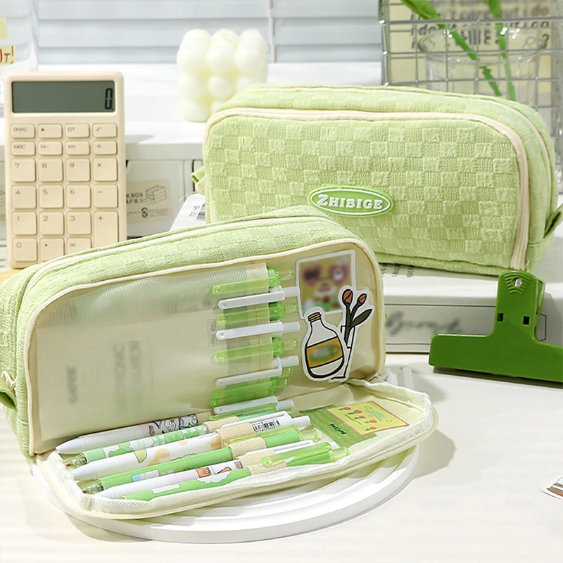 1Pc Kawaii Große Kapazität Bleistift Tasche Doppel-schicht Bleistift Fall mit Grid Muster Schreibwaren Veranstalter Zurück Zu Schule bleistift Beutel