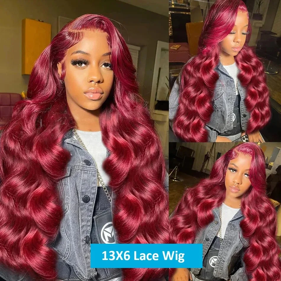 Perruque Lace Front Wig Body Wave brésilienne naturelle, cheveux humains, couleur rouge bordeaux 99J, 13x6, 32 pouces, densité 180