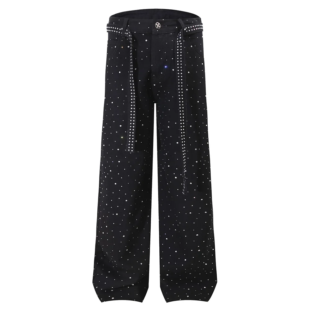 

Men Crystal Denim Jeans with Belt Fashion Loose Wide Leg Pants Rhinestone Trousers Black White