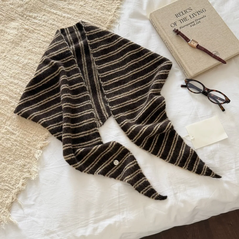Retro Stripe Striped Triangle Scarf Triangular Neck Warmer Wool Blend Headscarf Soft Korean Collar Scarves Clothing Accessories
