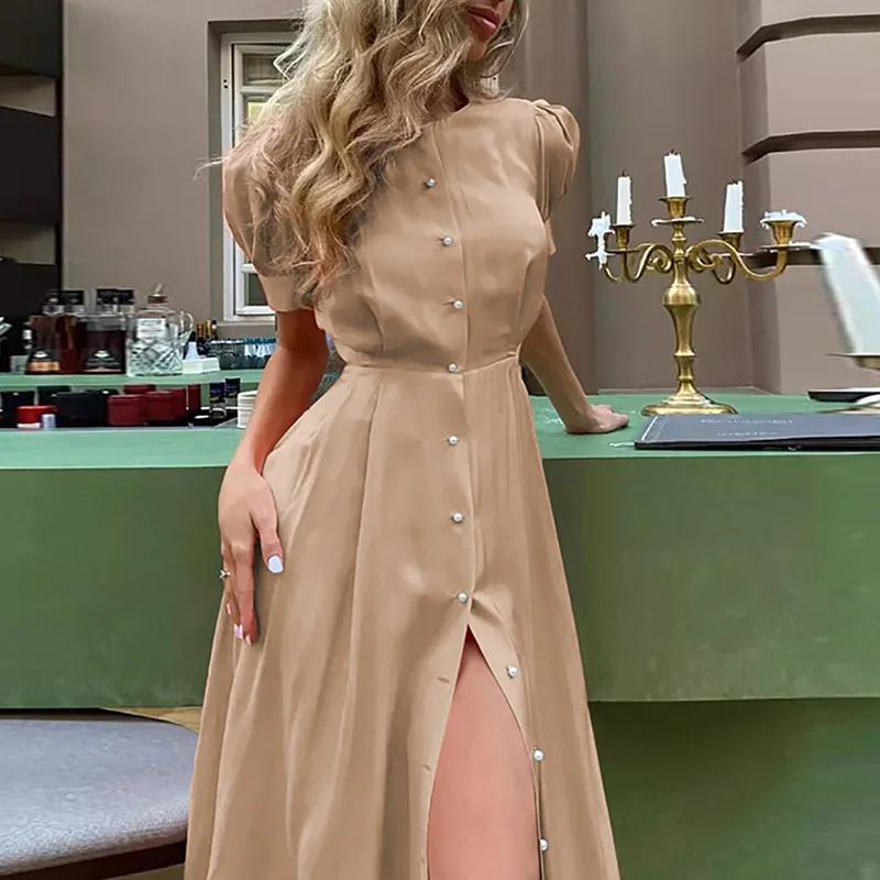 Classic Solid Split Sexy Dresses for Women 2023 Summer Elegant Lantern Sleeve O-Neck فساتين طويلة Women's Button Shirt Dress 원피스