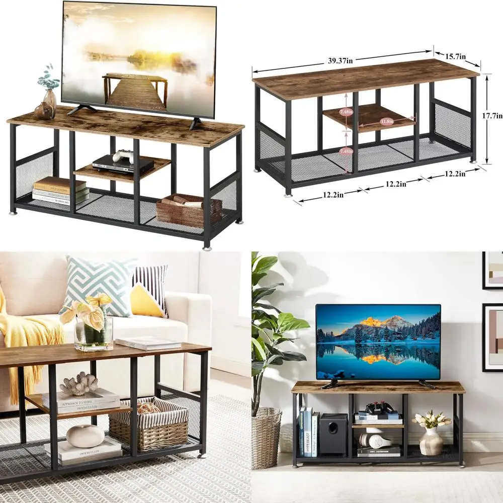 

Industrial Style 50-Inch TV Stand with Open Shelves and Metal Coffee Table, Brown