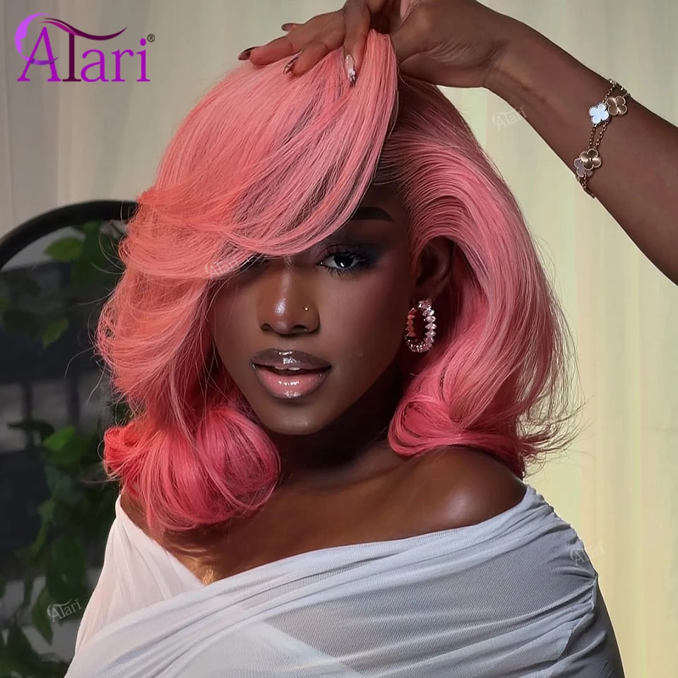 Pelucas de cabello humano bob corto rosa guayaba, transparentes, con encaje frontal completo 13x4, onduladas, color rosa, con raya lateral y pre-arrancadas.