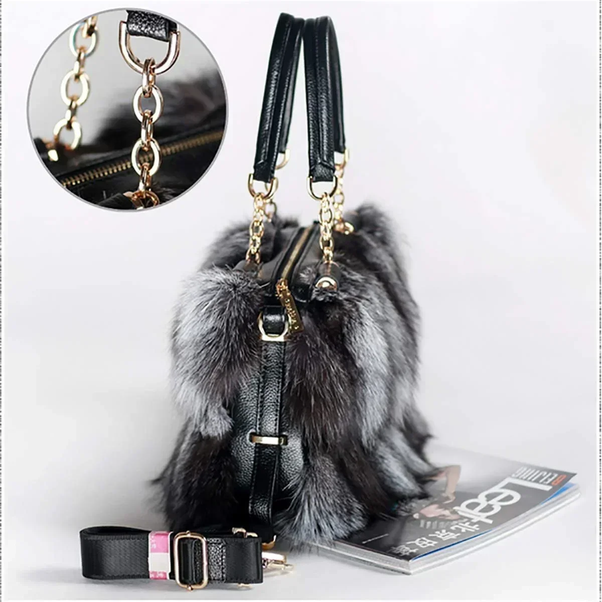 Luxury Real Fox Fur Women Tote Bag Shoulder Bag Winter Evening Party Bag Ladies Purses and HandBags