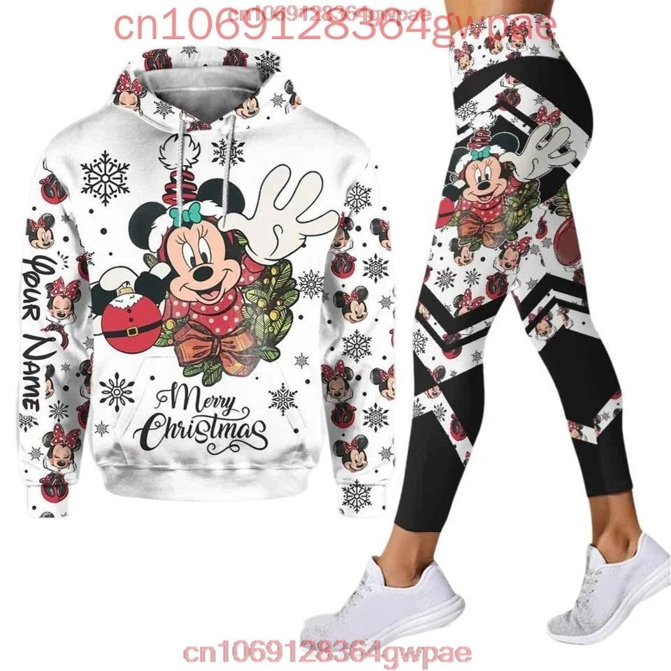 Рождественская толстовка с капюшоном и леггинсы Disney Minnie Mouse, комплект для йоги, женская толстовка с Микки Маусом, штаны для йоги, спортивные штаны, модный спортивный костюм