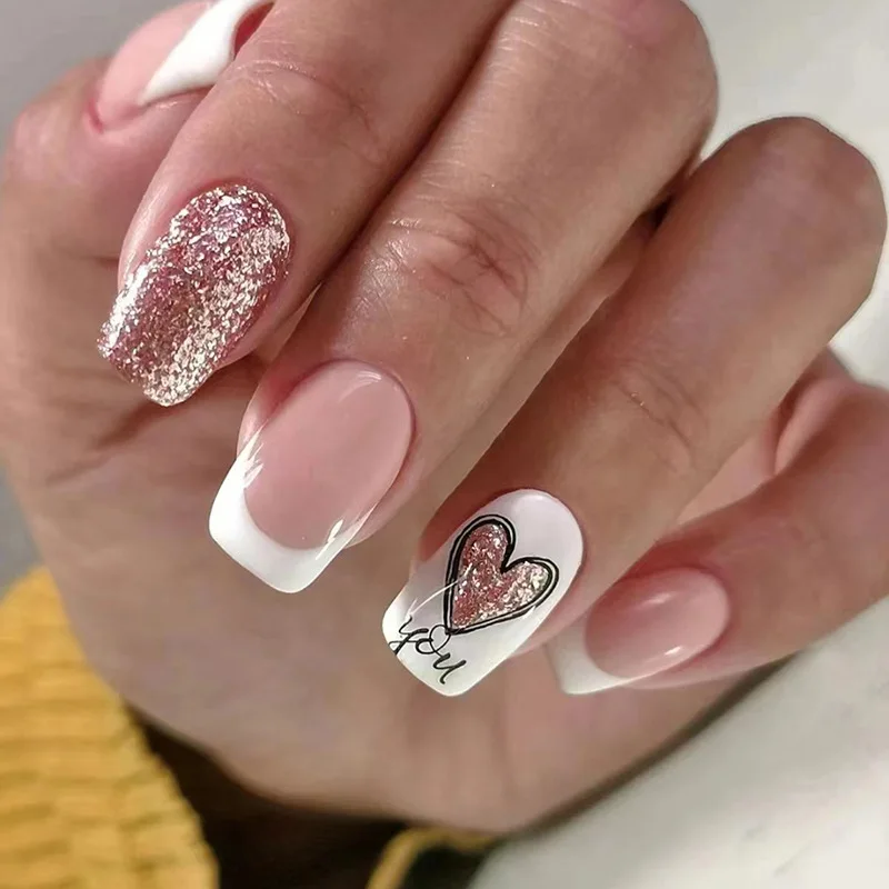 Valentine's Day Fake Nails White Edge French False Nails Glitter Heart Artificial Nail with Jelly Glue Lovely Press on Nail Tips