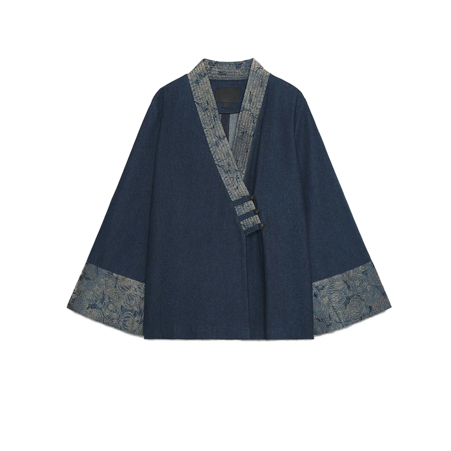 Automne femmes Double boutonnage v-ne couleur Blo Long Sve brodé Denim effet Kimono Sle vêtements d'extérieur décontracté coupe ample