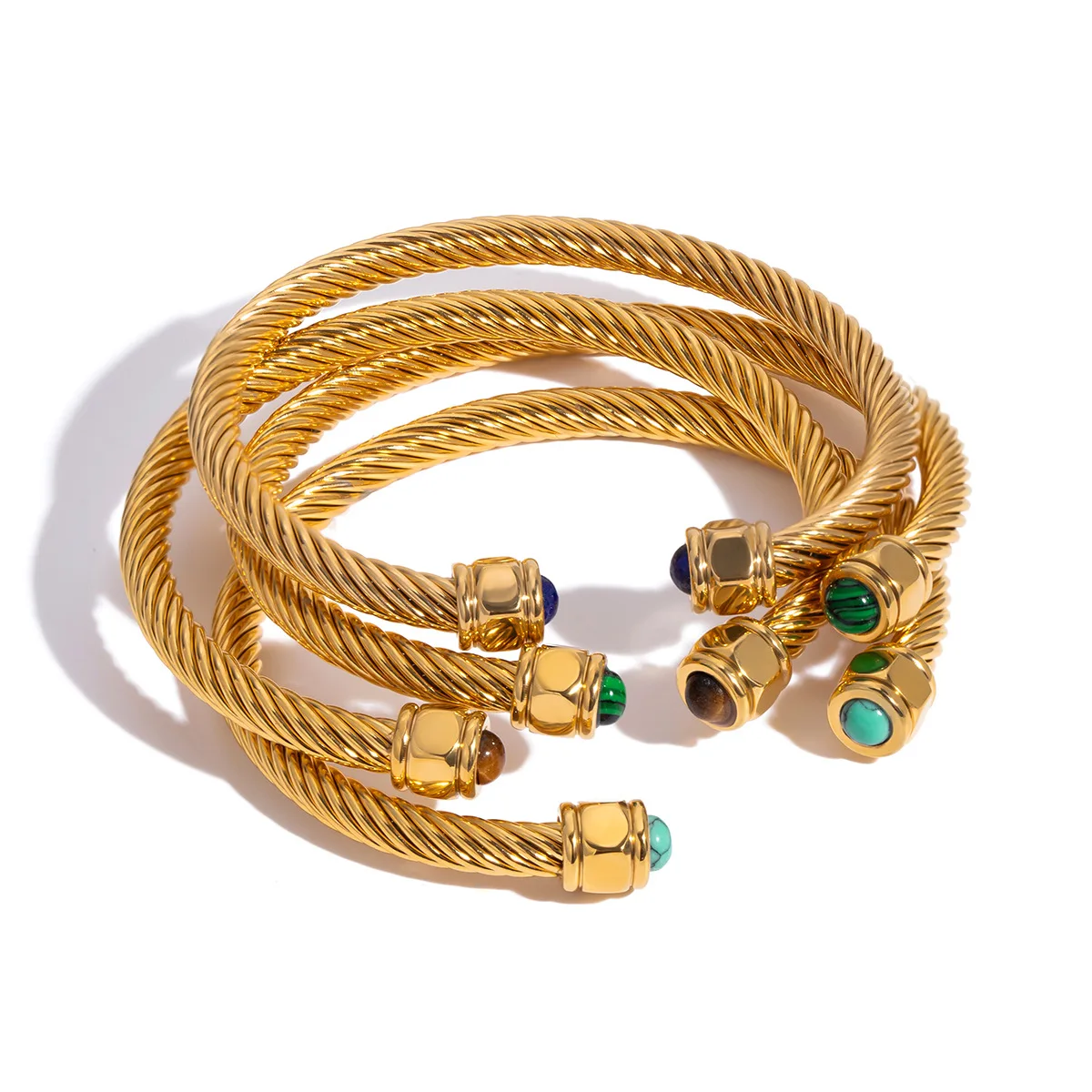 

Retro 18K Gold Color Plated Stainless Steel Natural Stone Blue Turquoise Cuff Bangles for Wonen Waterproof Designer