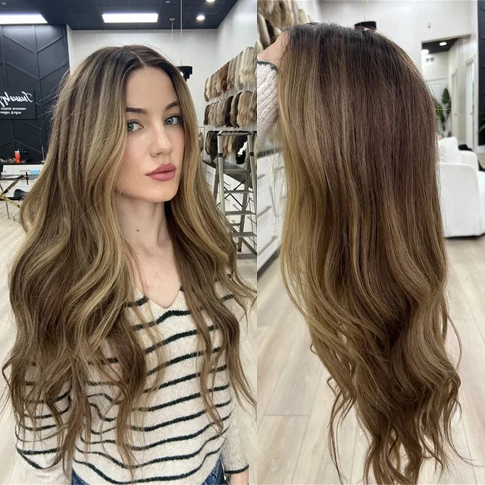 

26-дюймовый длинный парик омбре от темно-коричневого до светло-русого с волнистыми прядями, 13x4 HD кружевной фронтальный парик из термостойкого синтетического волокна для женщин, готовый к ношению