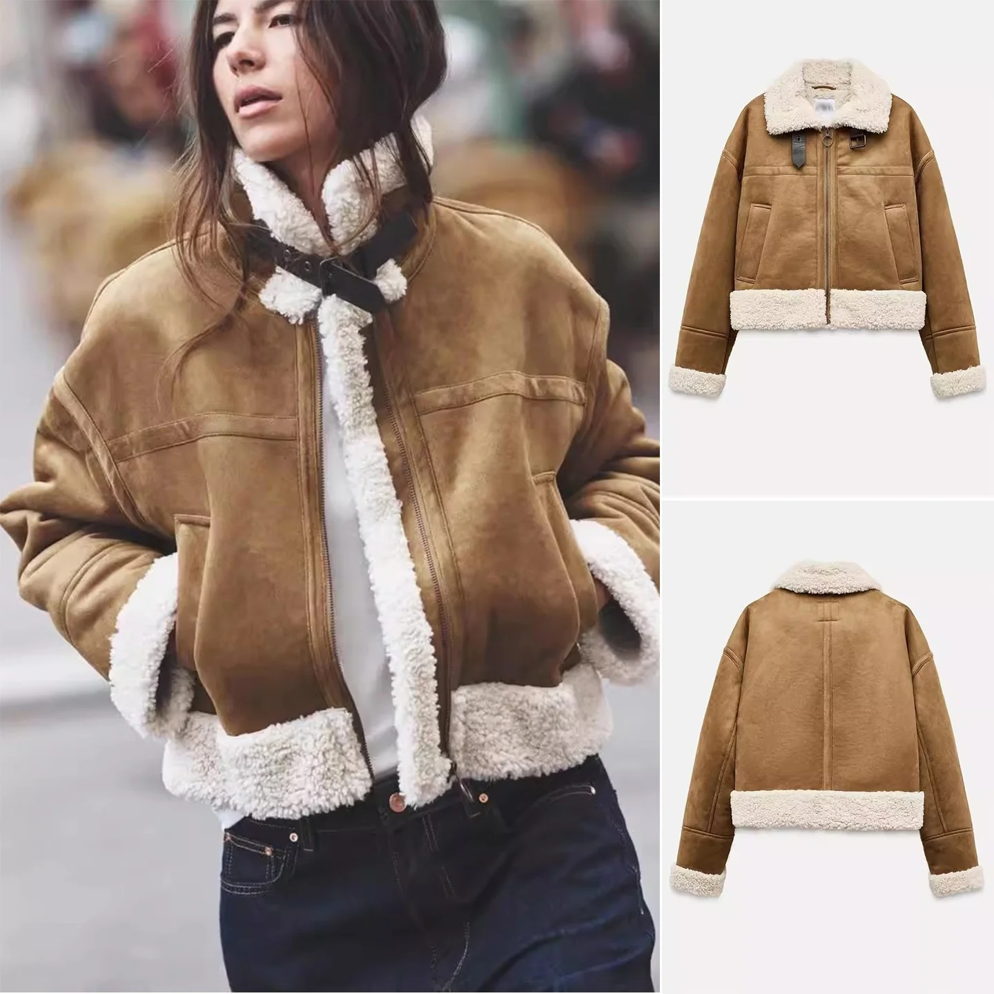 

Women's Winter Double-Sided Zipper Fur Leather Collar Long Sve Jaet Coat Sli Casual Outerwear Faion Trend 2025