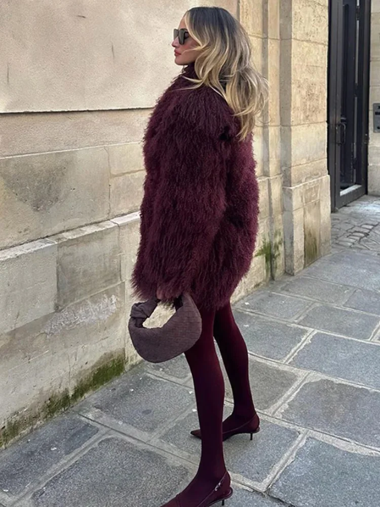 Winter Burgundy Fluffy Fur Coat for Women Long Sleeve V-Neck Warm Plush Short Jacket Street Female Fashion Commute Outerwear