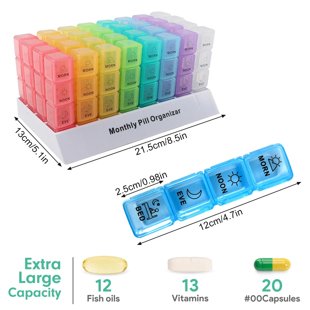 Monthly Pill Organizer 4 Times A Day, 31/32 Day Pill Box with 32 Compartments for Fish Oil, Vitamins, Supplements & Medication