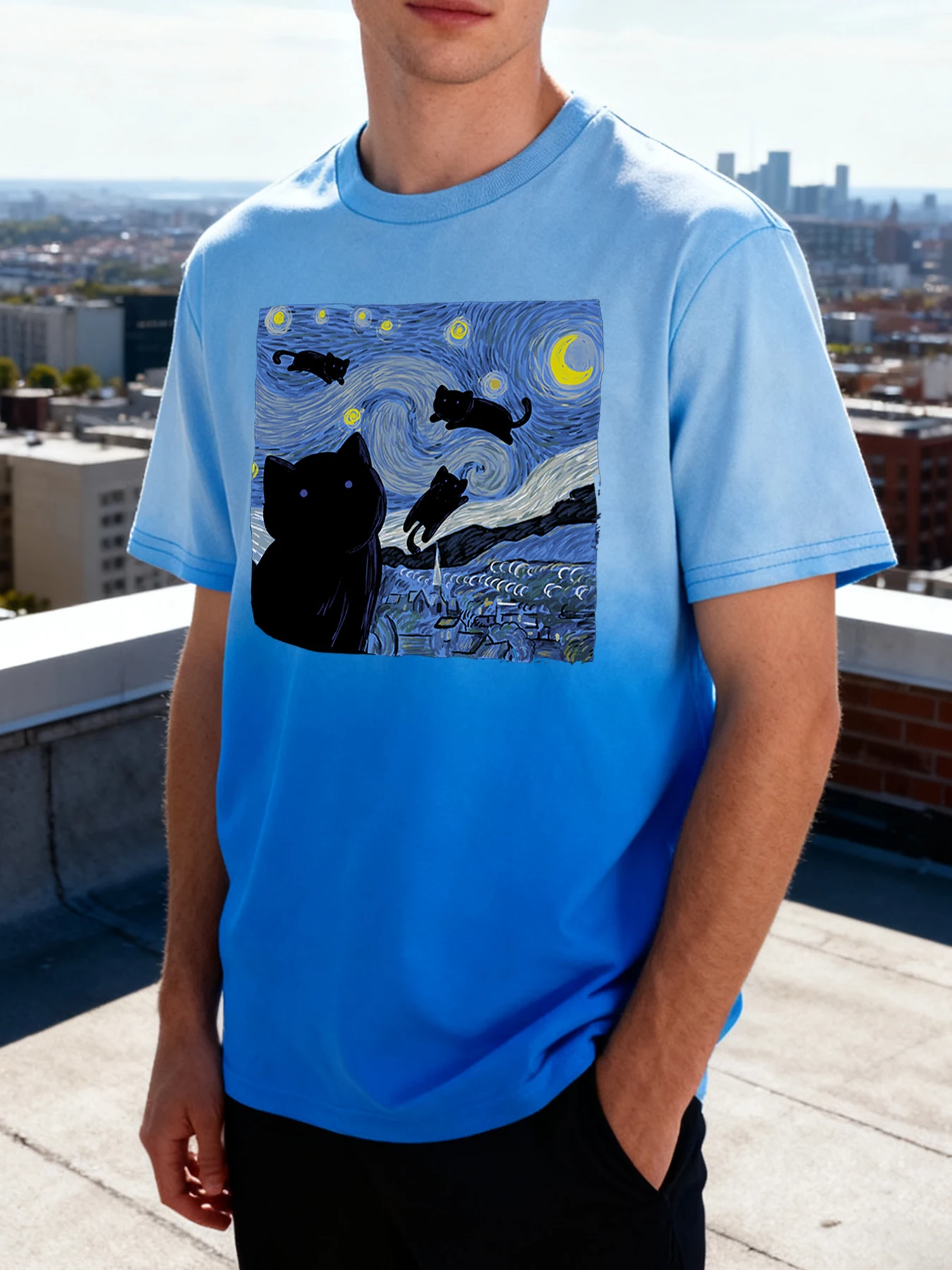 

Мужская футболка с принтом «Кот прибыл в звездное небо» и принтом тай-дай, летние повседневные футболки, хлопковая футболка унисекс, свободная одежда