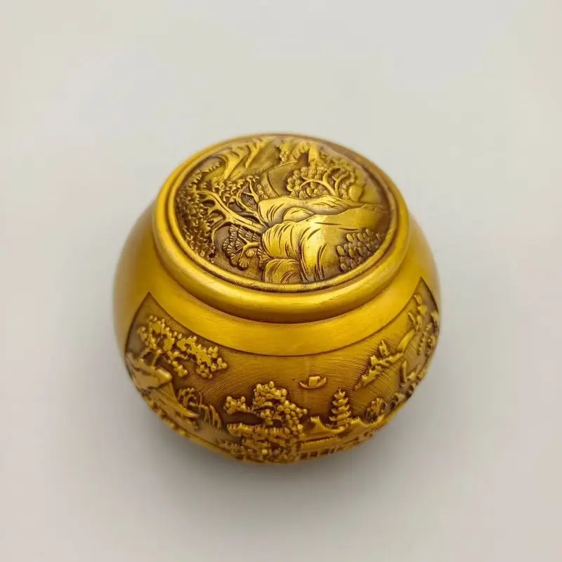 Brass , small size, airtight, for storing Pu-erh tea, household metal canister, copper-colored, landscape design, Hu