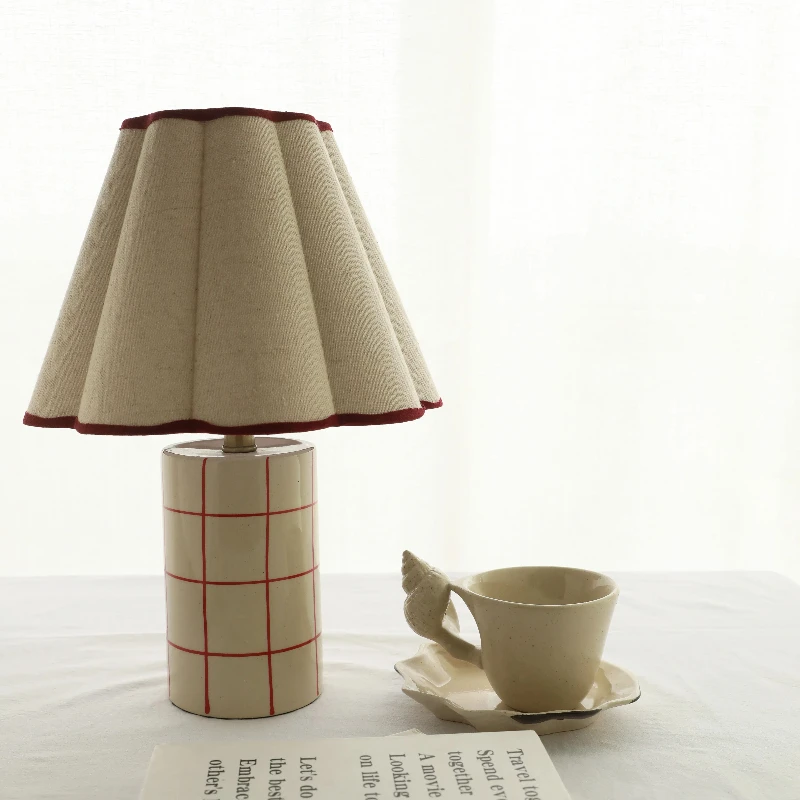 

Hand painted red plaid simple cloth lampshade table lamp bedroom simple fabric