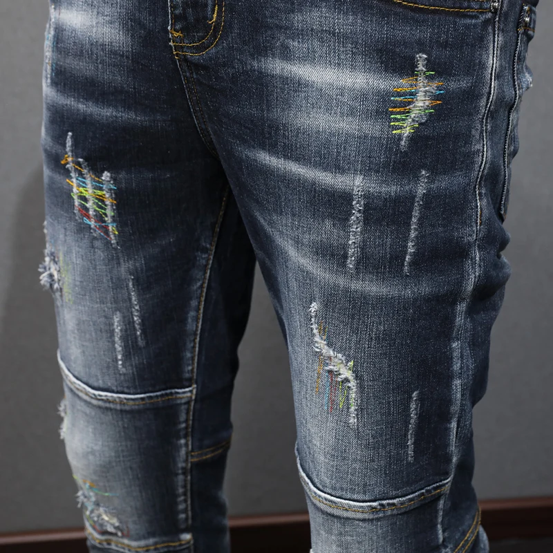 

Street Designer Fashion Men Jeans Retro Black Blue Stretch Slim Fit Spliced Ripped Jeans Men Y2K Embroidery Vintage Denim Pants