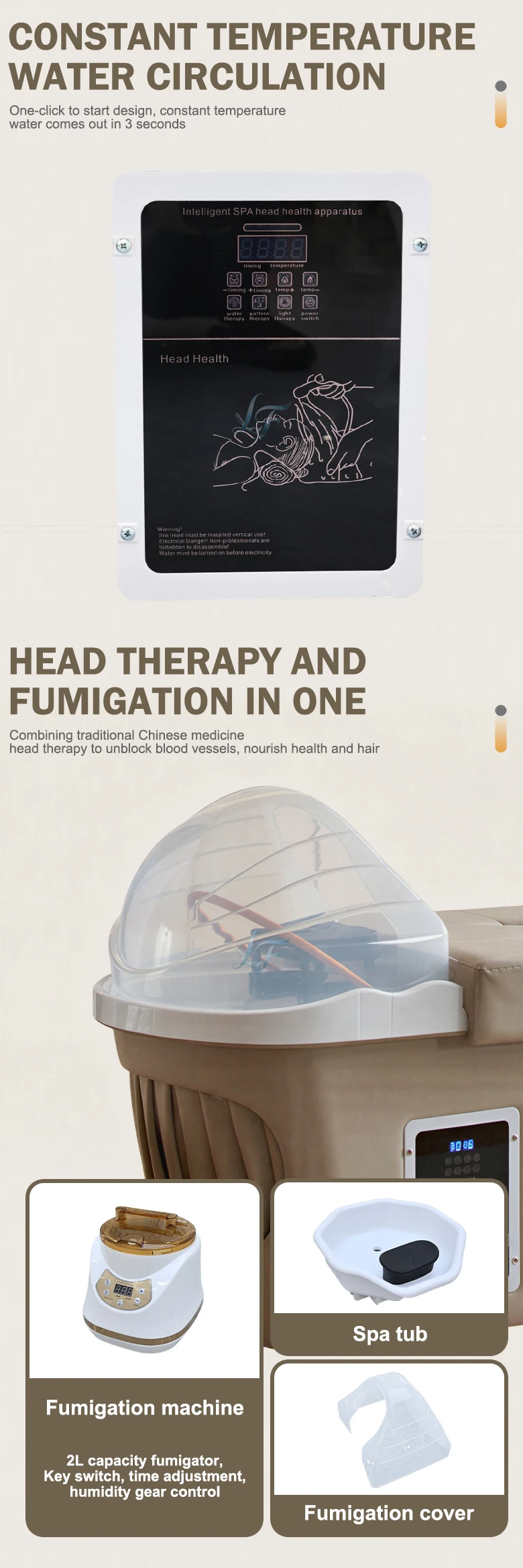 Elektrisches Wasserkreislauf-Ambientelicht, Thai-Shampoo-Bett, Dampfgerät, ergonomisch verstellbares Waschbecken, maßgefertigtes Leder für den Salon – Detail 4