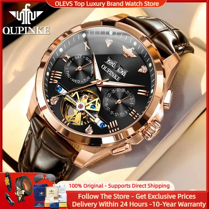 

OUPINKE 3186 Tourbillon Men Watch Luxury Original Automatic Mechanical Watch Sapphire Mirror Waterproof Moonphase Men Watch Hot