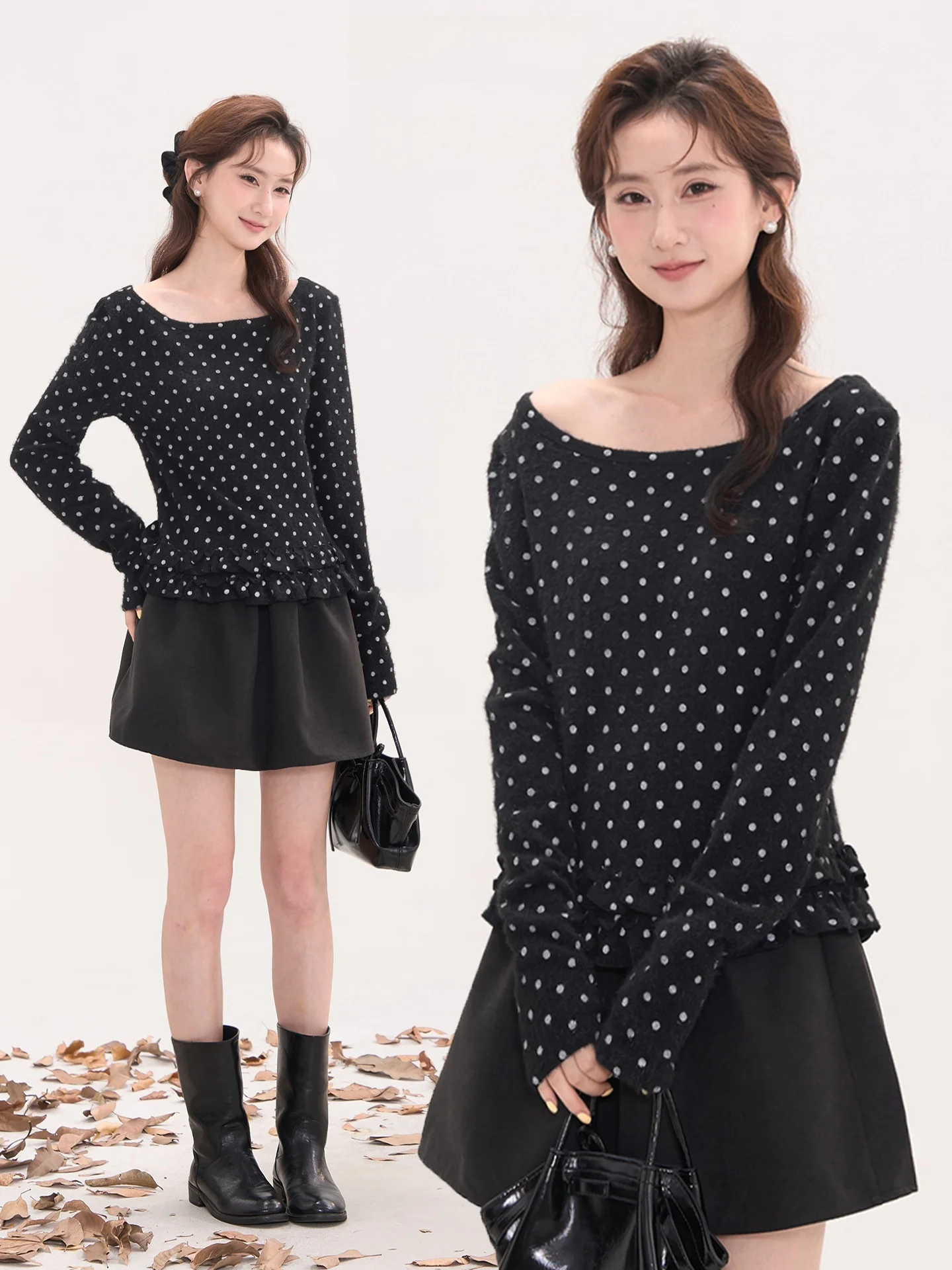 

Вязаный свитер Sweet Heart с кружевной отделкой в горошек, пушистый топ на одно плечо, женский осенний повседневный топ с круглым вырезом и длинными рукавами