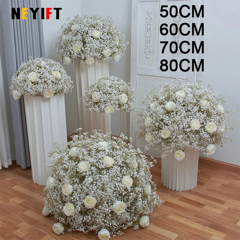 80/70/60/40cm White Baby Breath Rose Artificial Flower Ball Event Wedding Table Centerpiece Decor Gypsophila Floral Party Props