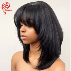 Hesperis 200 Density Short Full machine Made Wig Brazilian Remy Layered Bob Human Hair Wig With Bangs Short Cut For Black Women