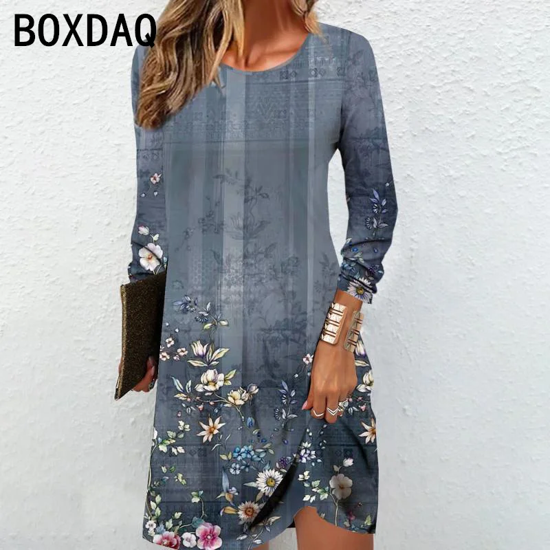 

Vintage Floral A-Line Dresses Autumn Winter O-Neck Long Sleeve Casual Dress Female Elegant Bohemian Dress Vestidos Big Size 3XL