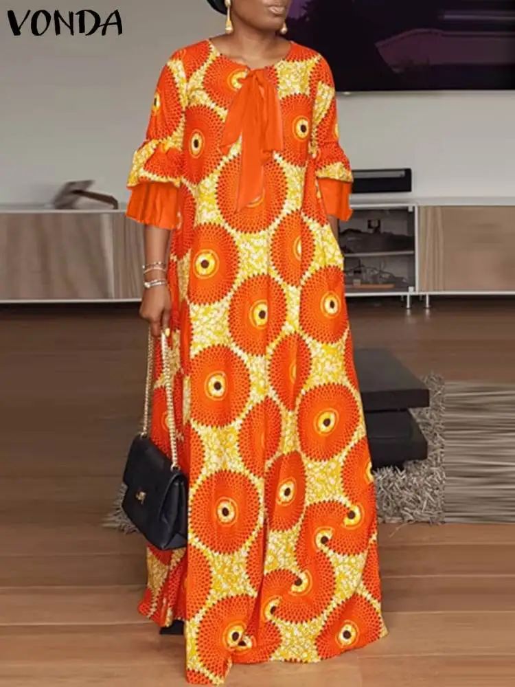 

Plus Size 5XL VONDA Bohemian Women Printed Maxi Dress 2024 Elegant Vintage Sundress Casual Bow Flare Sleeve Long Shirt Vestidos