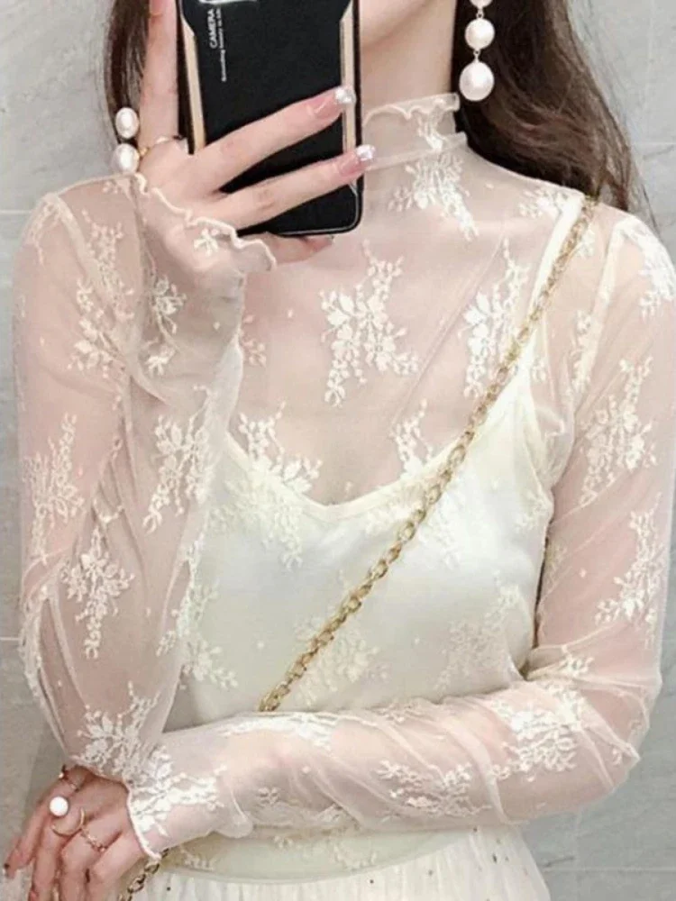 See Through Mesh Blouses Women Sexy Vintage Femme Korean Blusas Floral Elegant Fashion Basic Half High Collar Inside Transparent