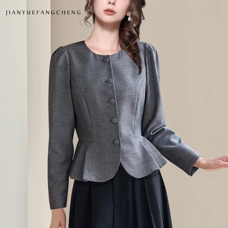 

Vintage Women' Grey Casual Blazer Slim Short Crew-neck Jacket Fashion Work Office Top