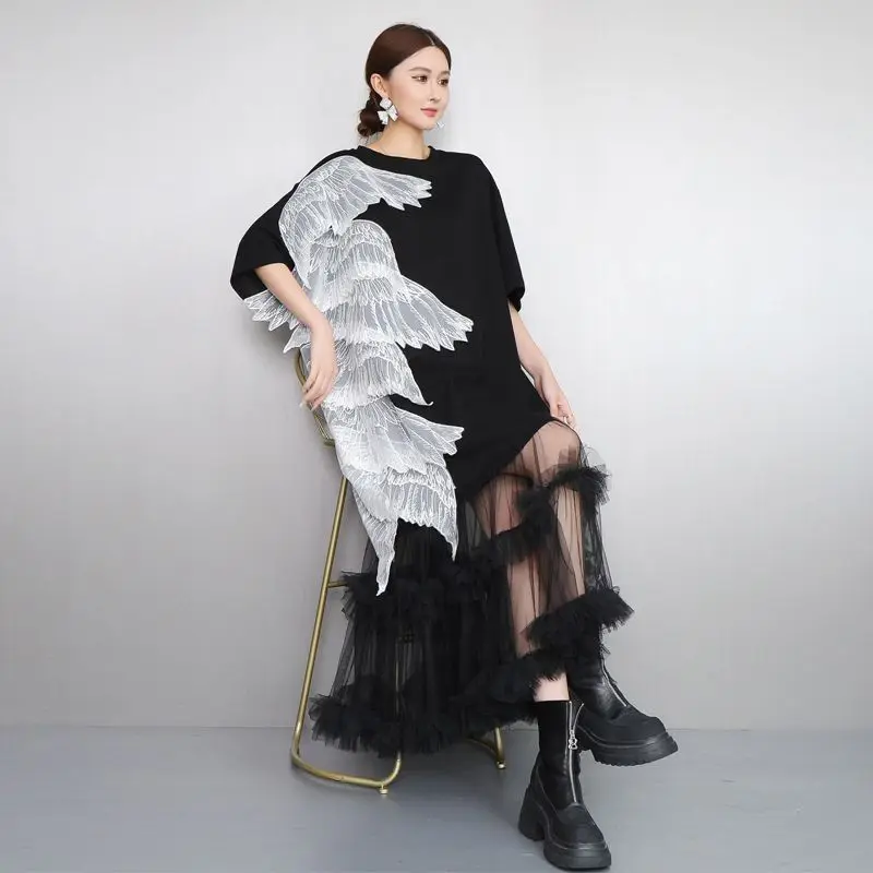 Gothic Style Niche Design Sense Three-dimensional Embroidered Wing Dress for Women Black Mesh Patchwork T-shirt Long Dress Loose