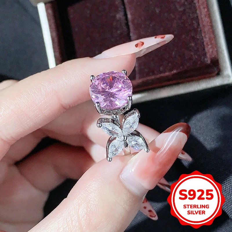 

Creative S925 Sterling Silver Irregular Four-Claw Round Butterfly Diamond Ring Women Opening Adjustable Engagement Gift Jewelry
