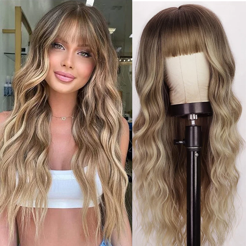 Long Wavy Ombre Brown Wig for Women Natural Synthetic Blonde Wigs with Bangs Body Wave Wigs Cosplay Hair Heat Resistant