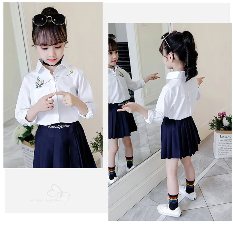 Autumn Back To School Shirts for Student Girls Princess Clothes Kids Long Sleeve White Blouse Cartoon Cat Flower Embroidery Tops