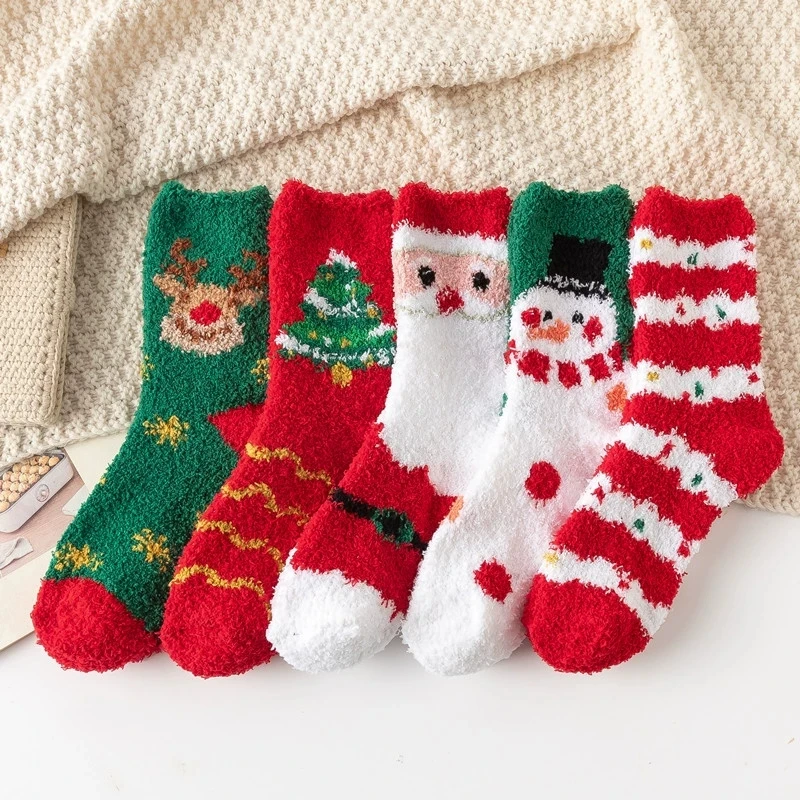 

5 Pairs Winter Coral Velvet Christmas Socks Women Winter Soft Thickened Warm Cartoon Cute Plush Socks Sleeping Home Floor Sock