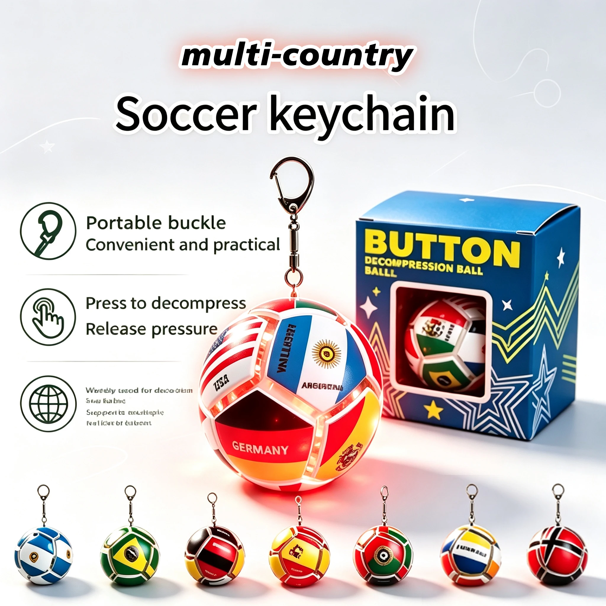 Porte-clés anti-stress lumineux de football avec activation par pression, pendentif souvenir drapeau national, jouet sensoriel portable pour supporter de football