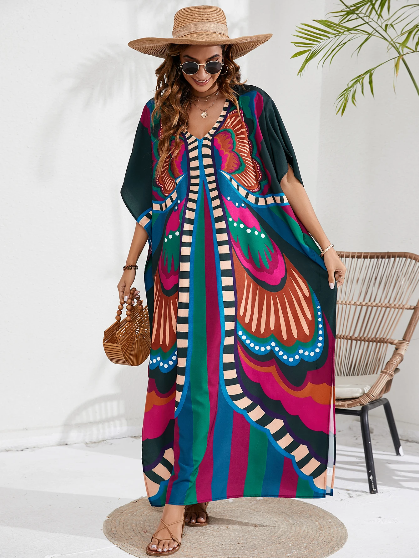 Women s Boho Cover Up  Plus Size Tie Dye Batwing Sleeve V Neck Maxi Kaftan Cover Up Dress