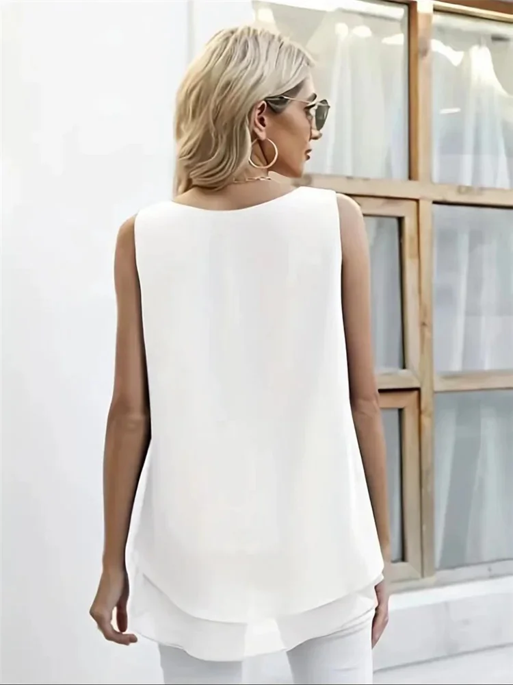 Women Summer Simple Style Chiffon Blouses Shirts Lady Casual Sleeveless O-Neck Solid Color Double Layer Tank Top