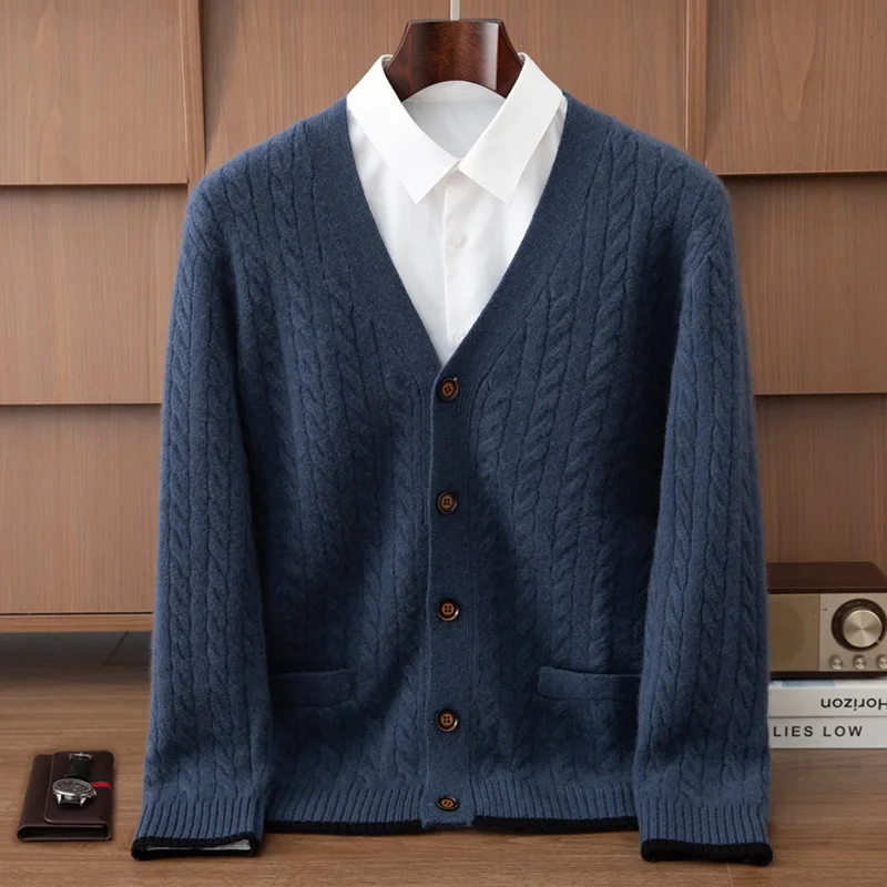 

Autumn Men's Classic Cashmere Cardigan V-neck Long Sleeve Button Knitted Twisted Flower Sweater High Quality Classic Soft Top