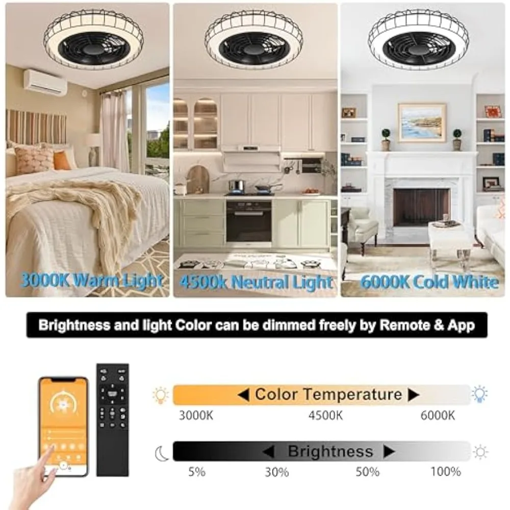 Modern ceiling fan with lights and remote control, dimmable embedded installation, slim LED fan light for bedroom use