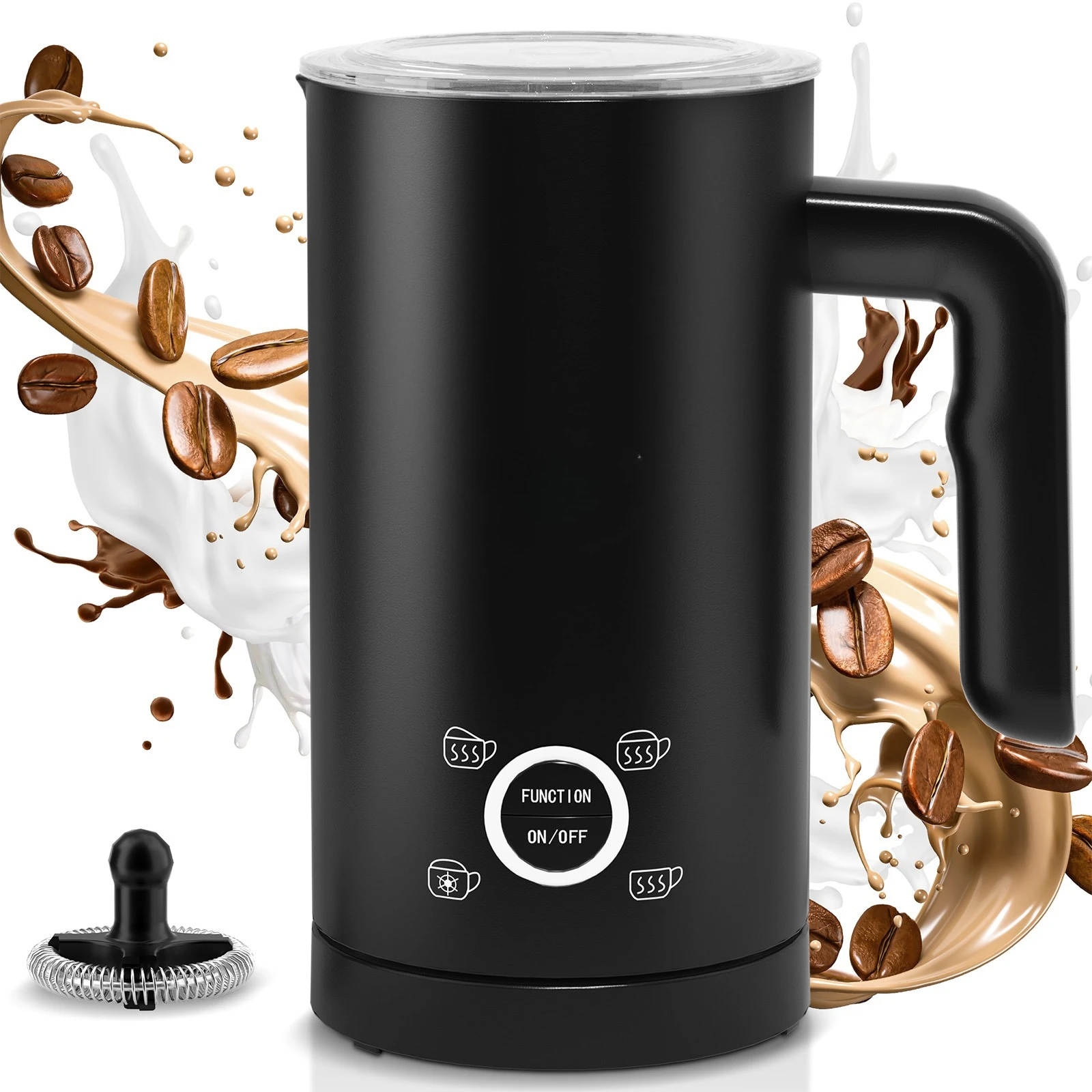 Montalatte Elettrico 4 in 1, 300ml, Scaldalatte Automatico, Schiumatore Caldo/Freddo in Acciaio Inox, Silenzioso, per Latte, Cappuccino, Cioccolata Calda, 500W