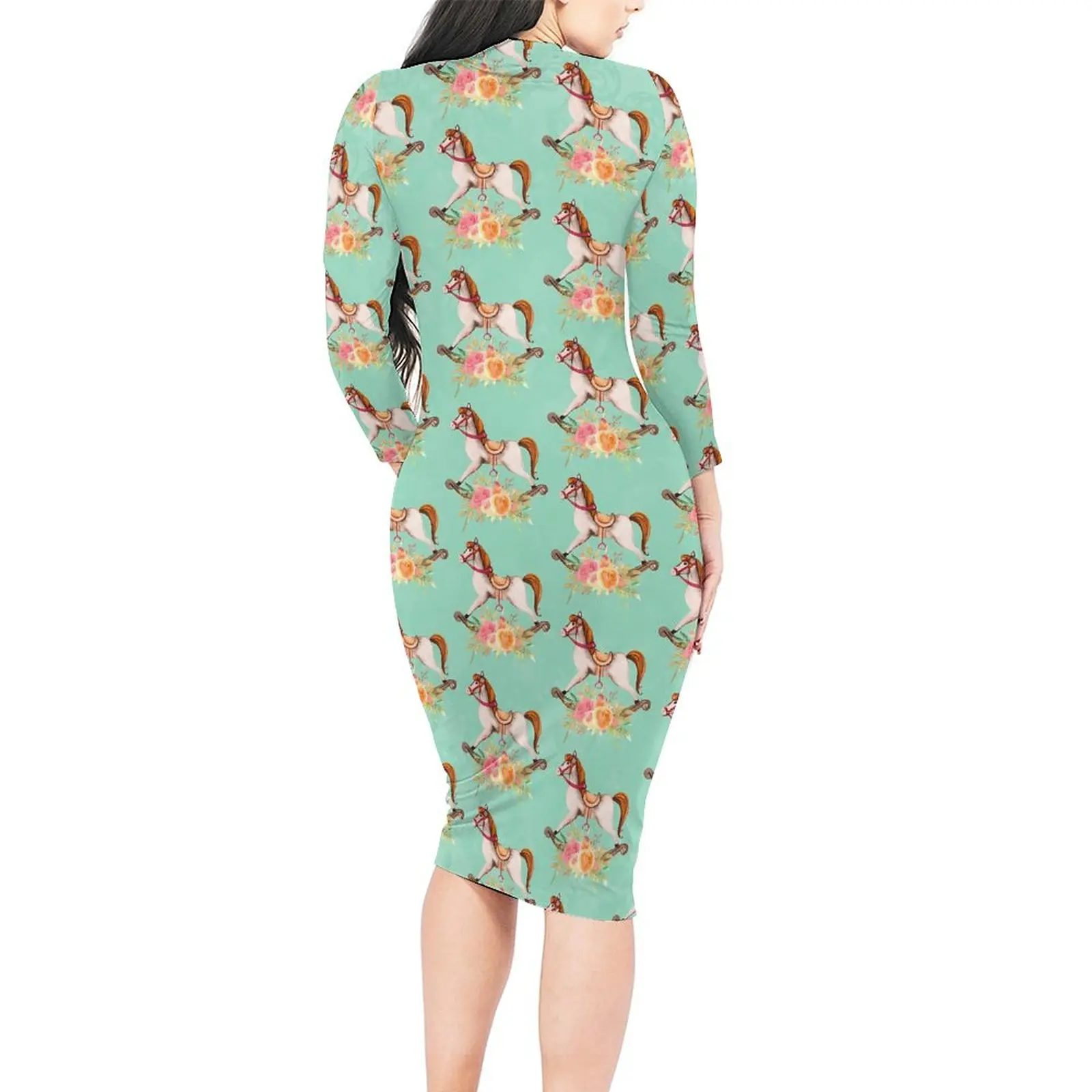 Vintage Rocking Horse Bodycon Dress Spring Floral Bouquet Club Dresses Female Long Sleeve Print Street Style Dress Big Size 5XL