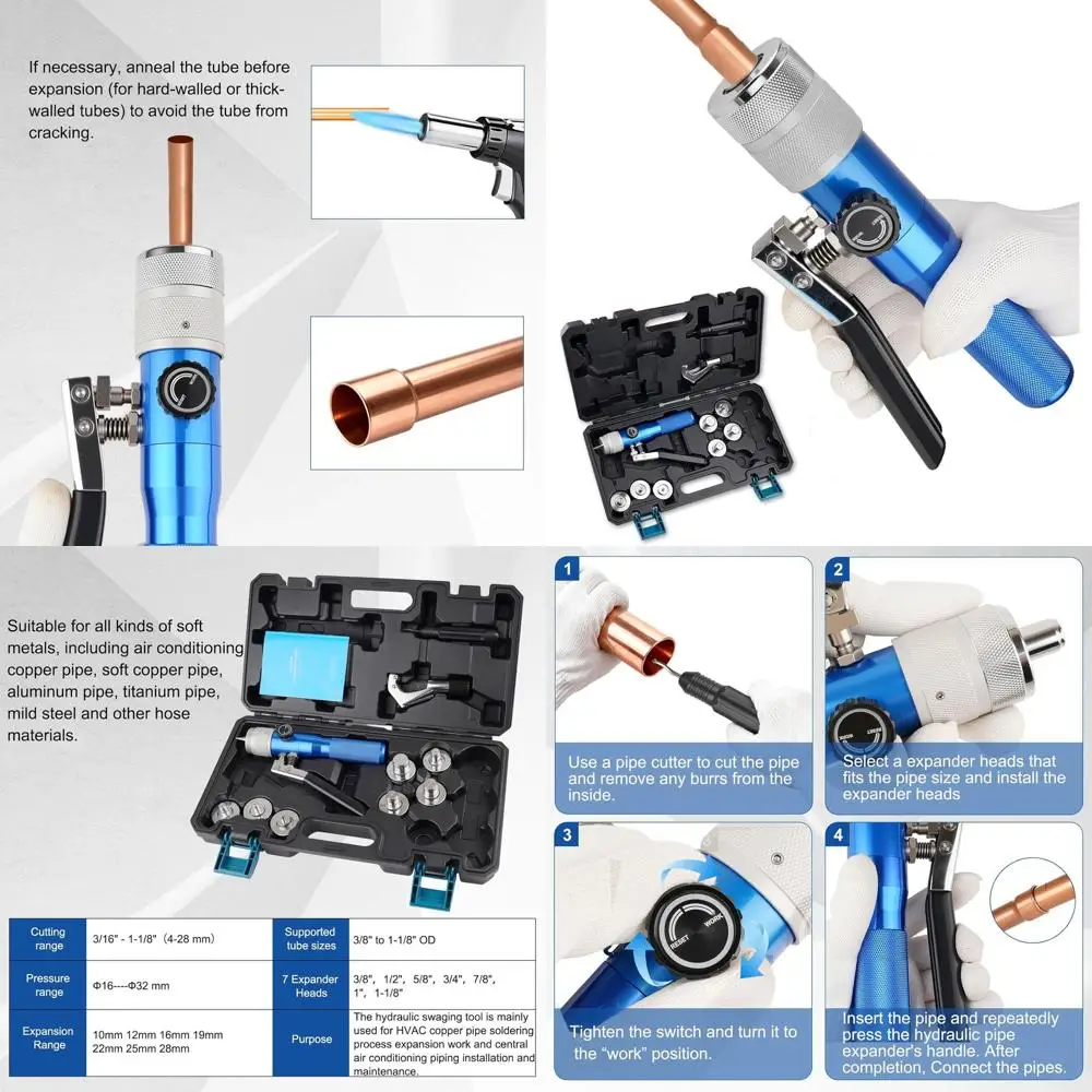 

Набор гидравлических обжимных инструментов для систем ОВКВ, для медных/стальных труб с внешним диаметром от 3/8 до 1-1/8 дюйма, 7 размеров