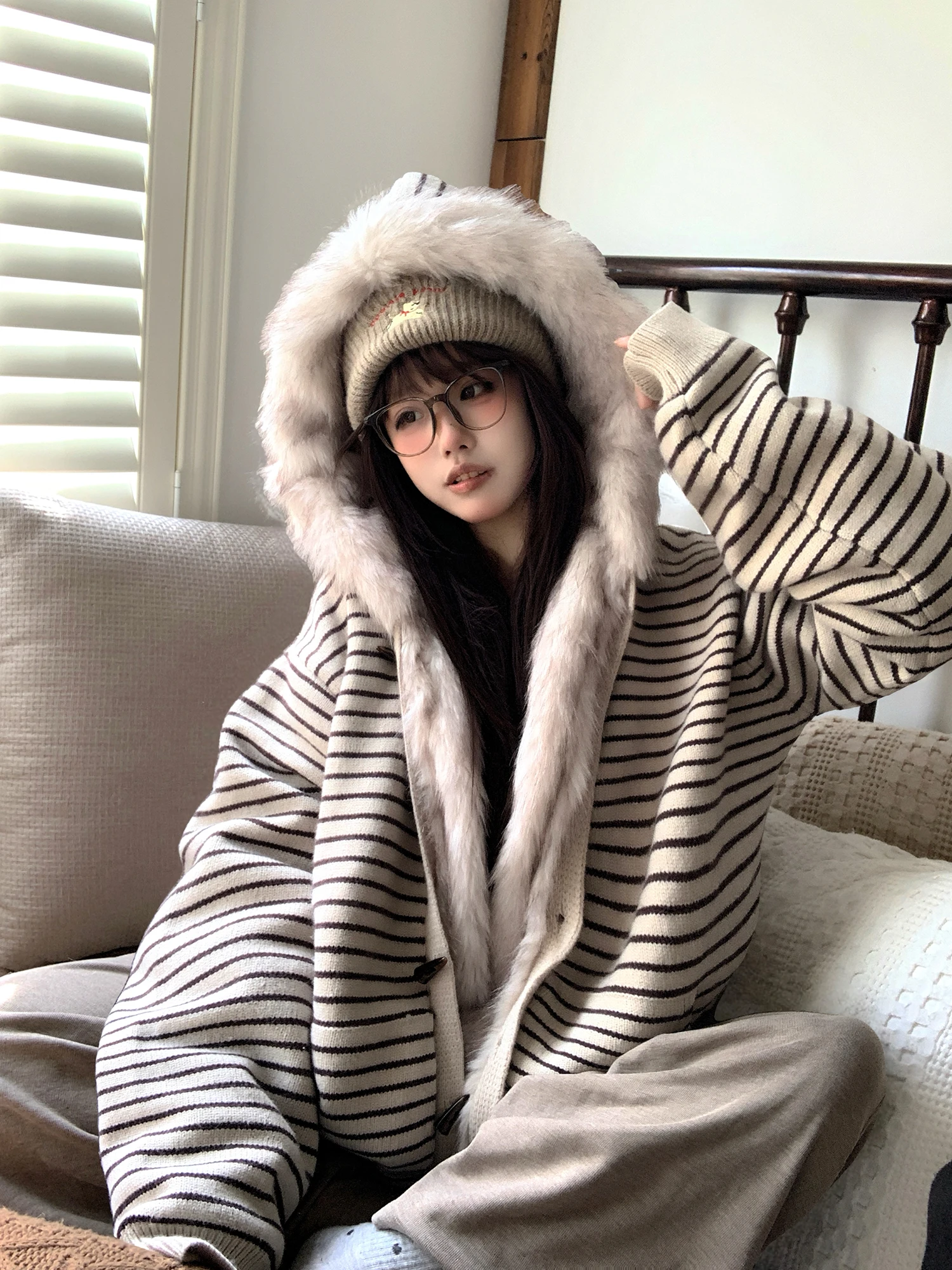 

Утепленная хлопковая куртка Tudou Fce в корейском стиле, теплая, в полоску, с капюшоном, утолщенная зимняя верхняя одежда для женщин